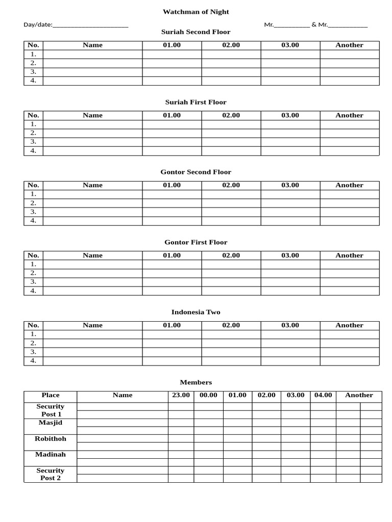 Night Watchman Schedule Template | PDF