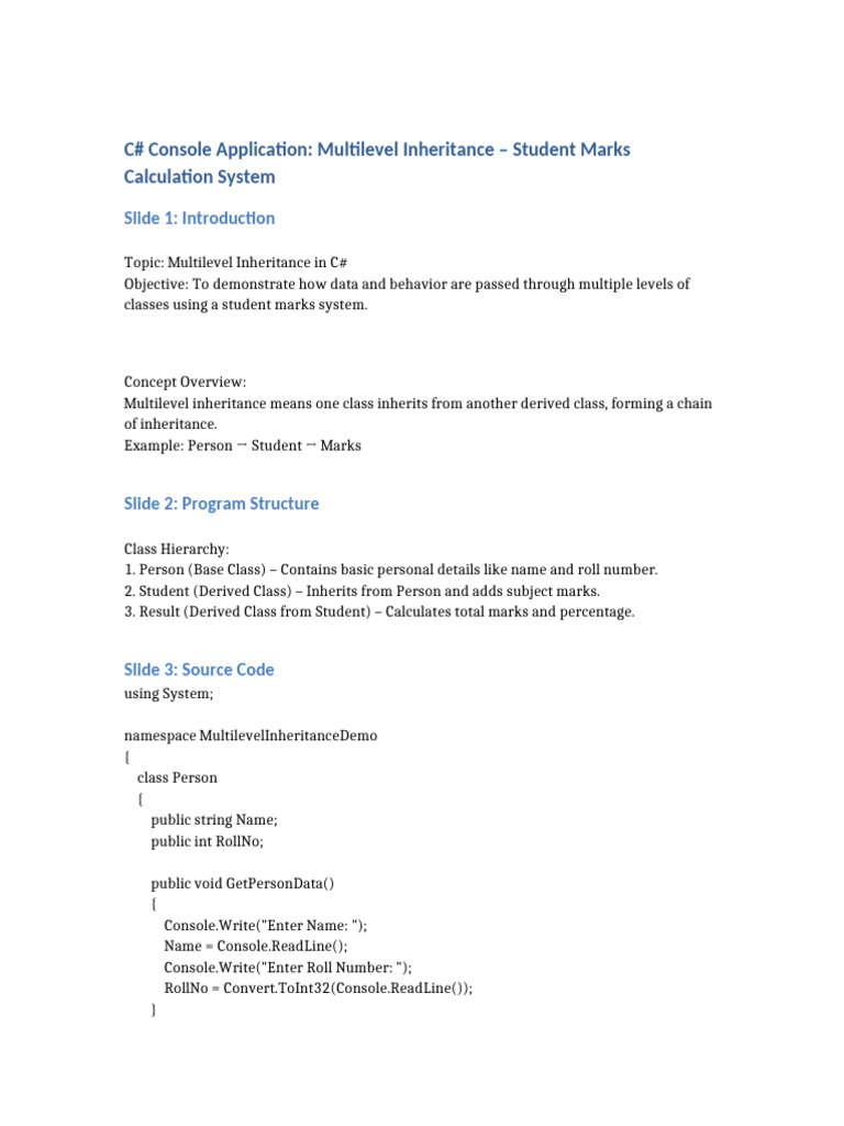 C# Multilevel Inheritance: Student Marks System | PDF | Inheritance ...