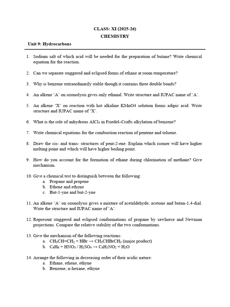 Class XI Unit 9 Hydrocarbons 1767106181950 | PDF | Alkene | Alkane