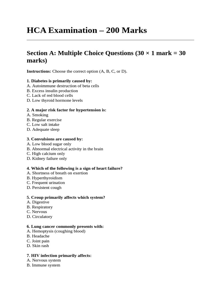 HCA Examination: Health Conditions & Care | PDF | Hypertension | Diabetes