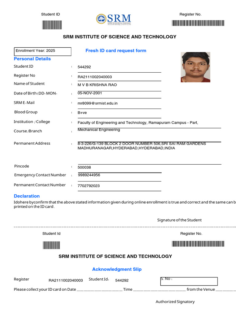 SRM ID Card Request Form 2025 | PDF