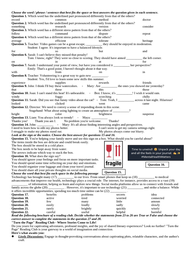 Pronunciation and Grammar Practice Questions | PDF | Question | Books