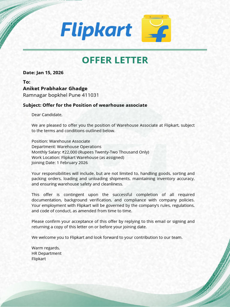 Flipkart Warehouse Associate Offer Letter | PDF