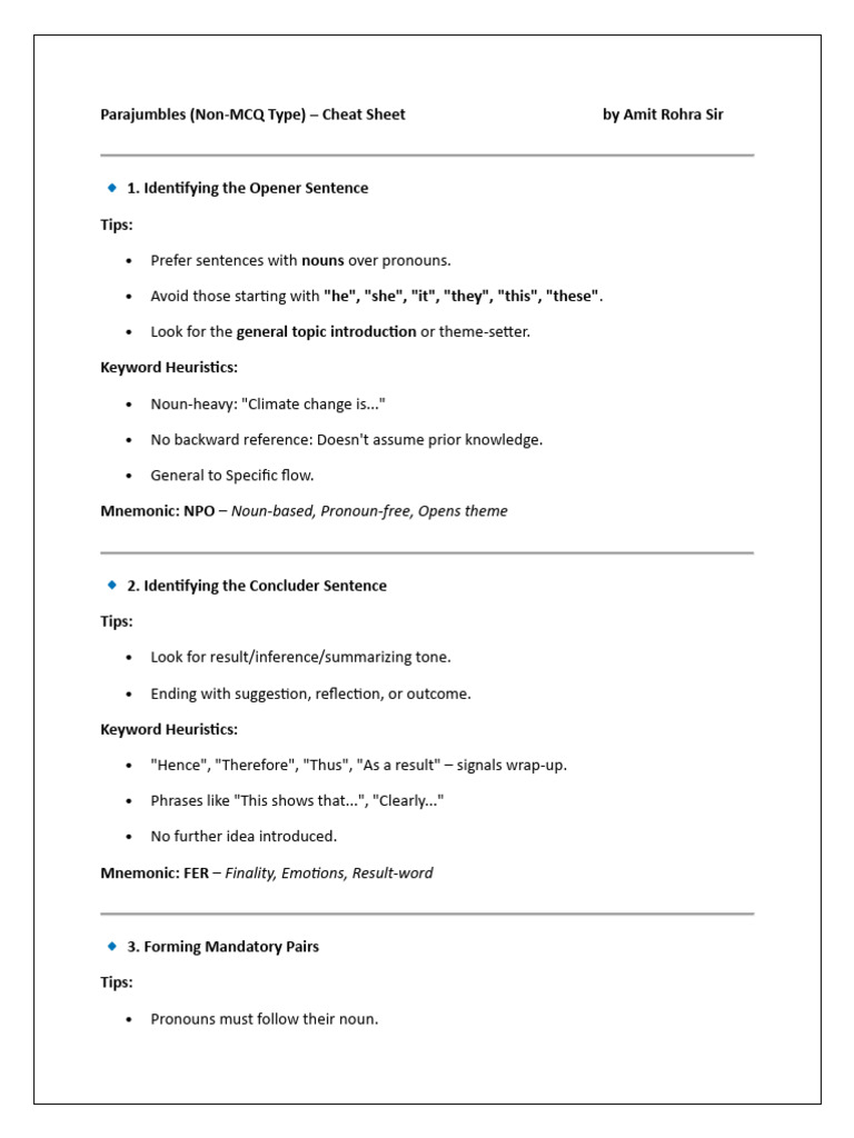 Parajumbles (Non-MCQ Type) - Cheat Sheet | PDF