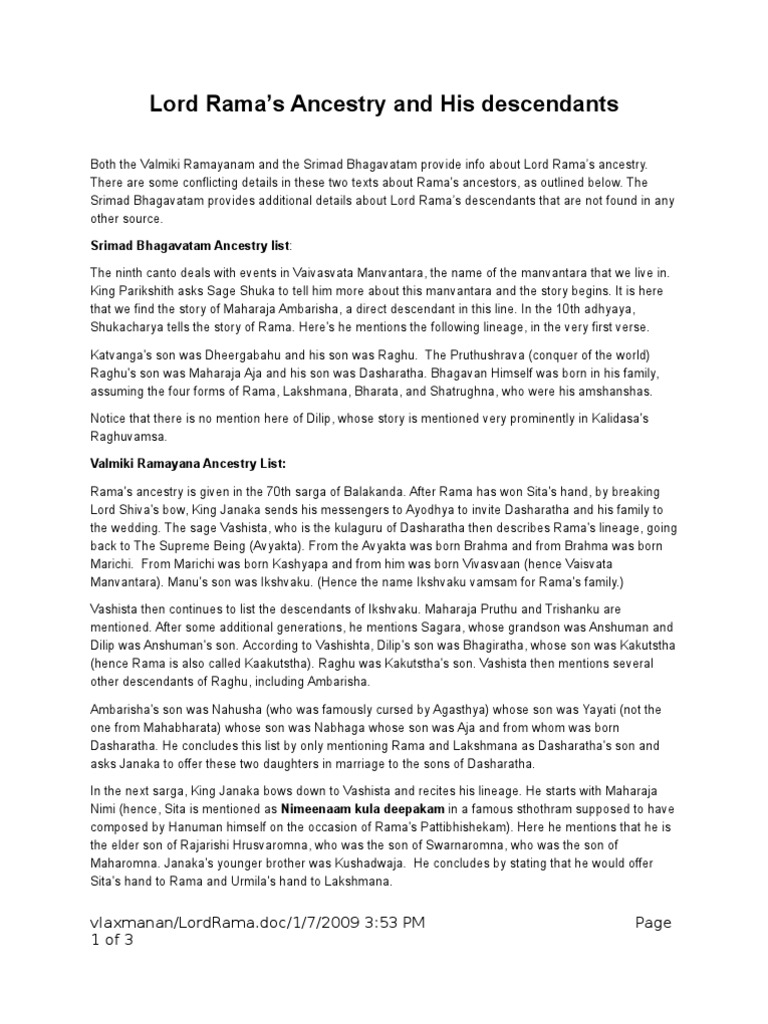 Lord Rama's Ancestry and Descendants | PDF | Rama | Ramayana