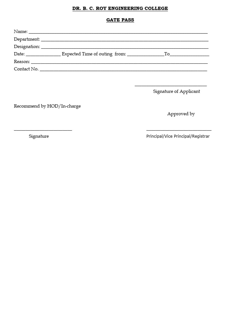 GATE Pass Form for Dr. B.C. Roy College | PDF