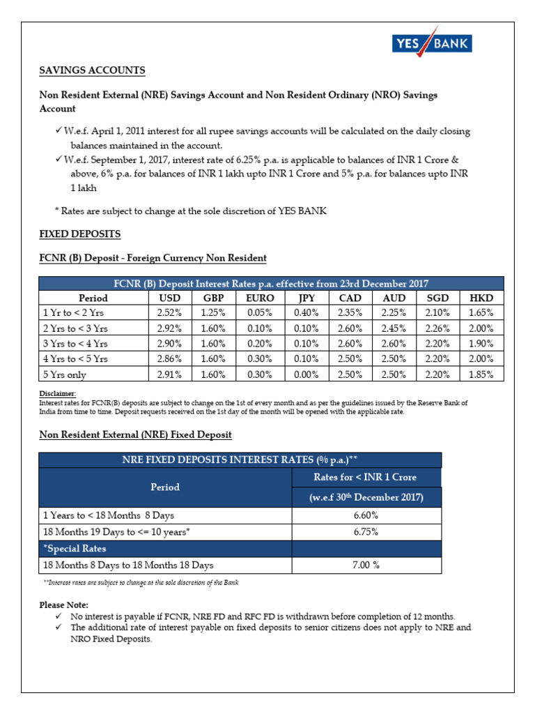 Yes Bank NRI Interest Rates -30th December 2017 | PDF | Currency ...