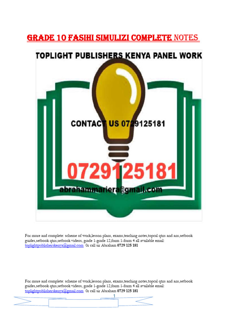 Grade 10 Fasihi Simulizi Notes Complete For Term 1 2 and 3 0729 125 181 ...