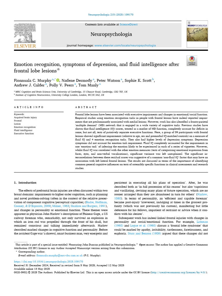 Frontal Lobe Lesions and Emotion Recognition | PDF | Intelligence ...