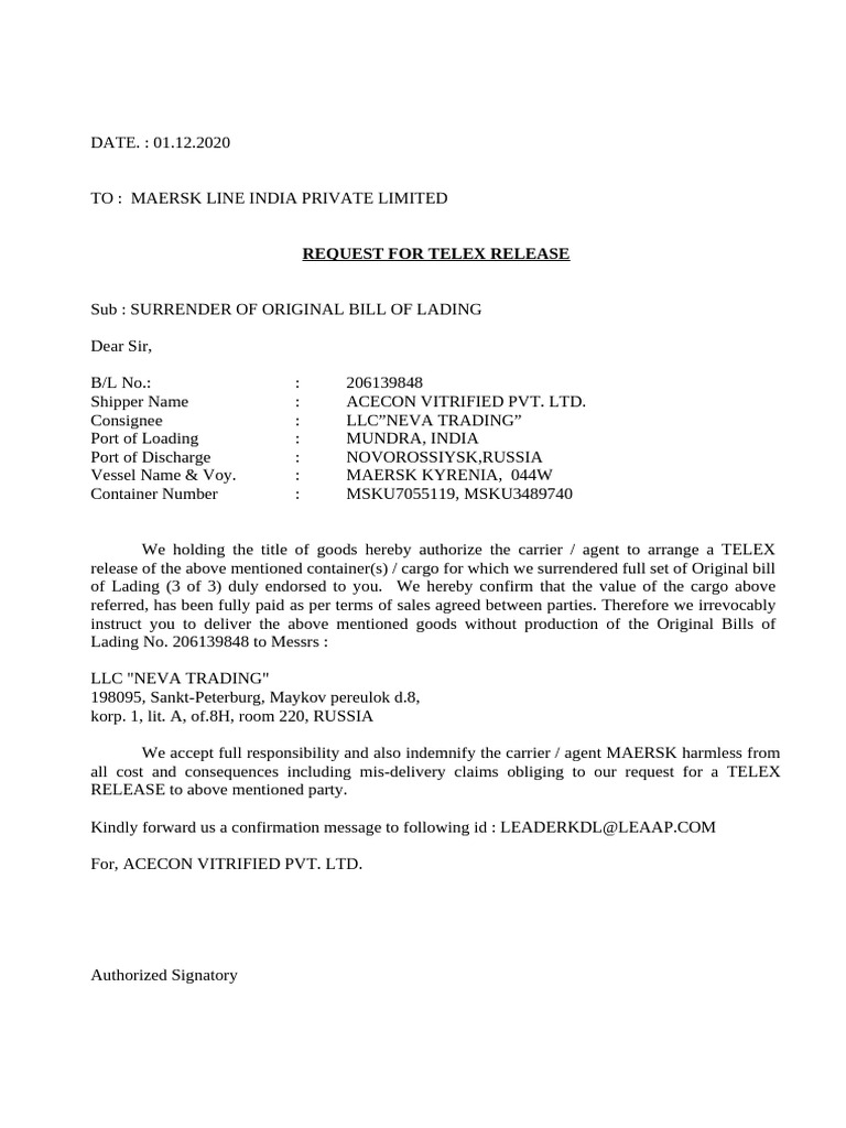 Telex Release Request for Cargo | PDF