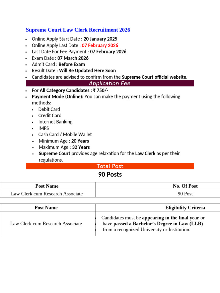 Supreme Court Law Clerk Recruitment 2026 | PDF