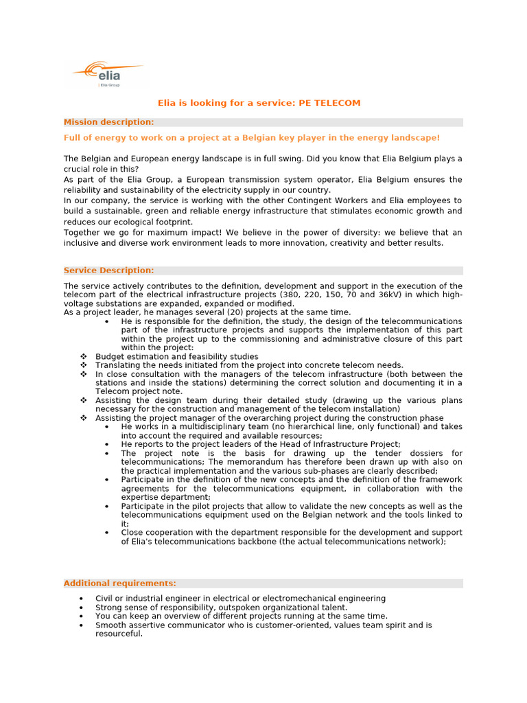 Telecom Project Leader at Elia Belgium | PDF | Infrastructure ...