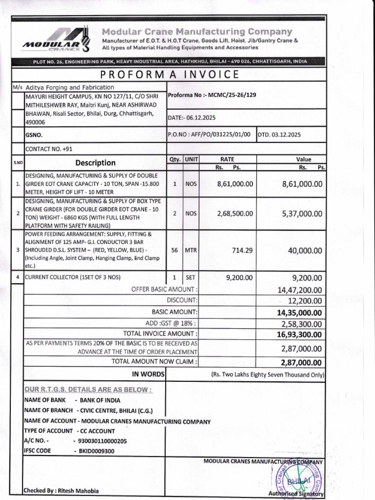 Proforma Invoice for EOT Crane Supply | PDF | Crane (Machine ...