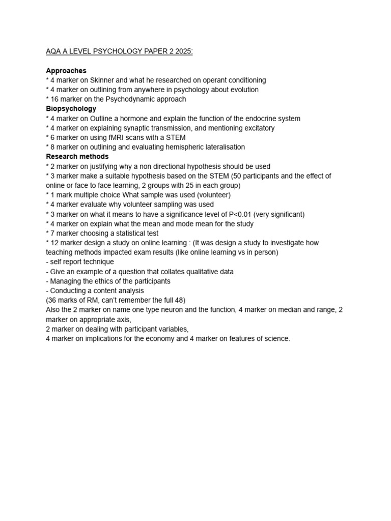 AQA A Level Psychology Paper 2 Guide 2025 | PDF | Psychological ...