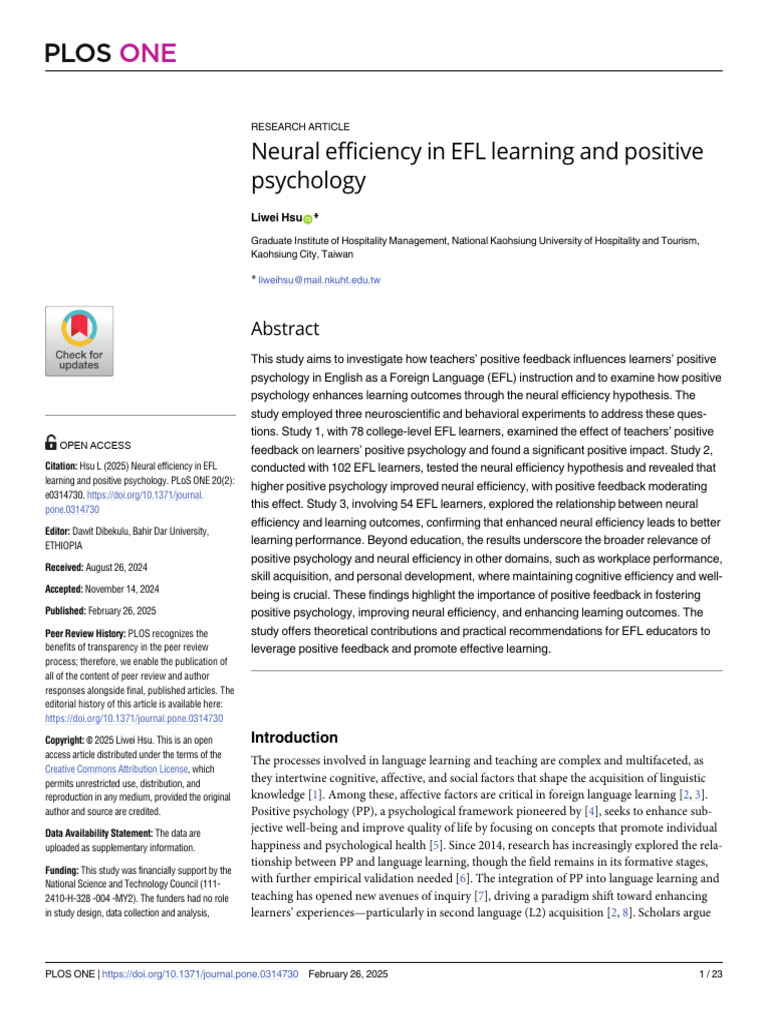 Positive Feedback in EFL Learning | PDF | Analysis Of Covariance | Learning