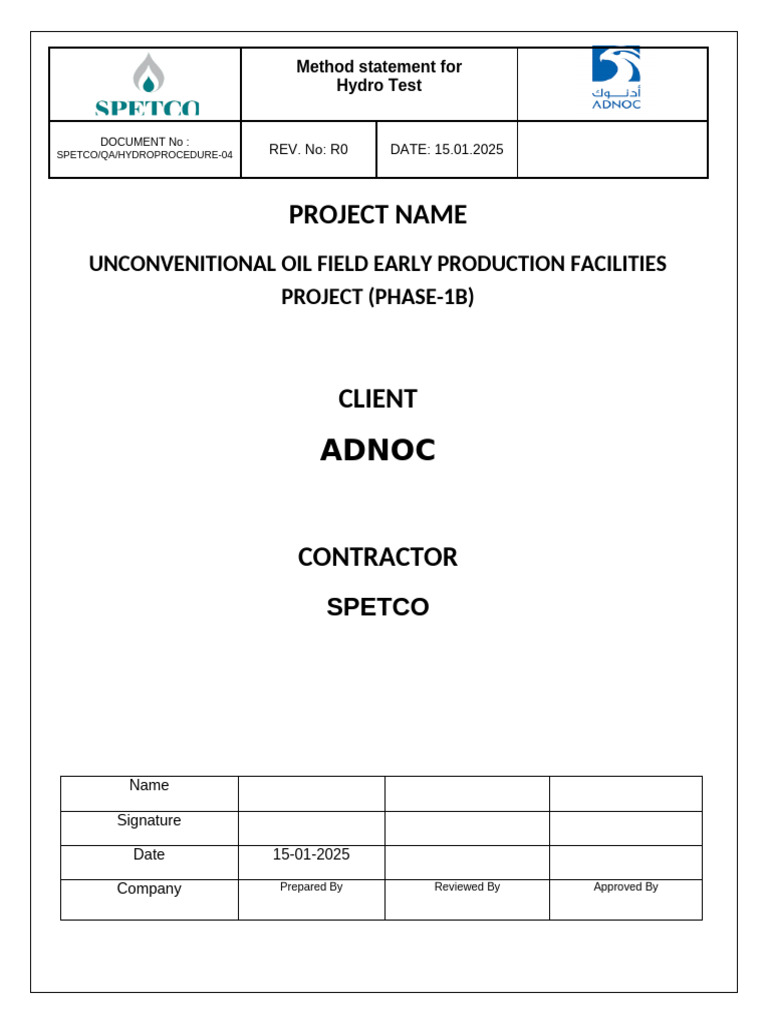 Hydrostatic Testing Method Statement | PDF | Leak | Stainless Steel