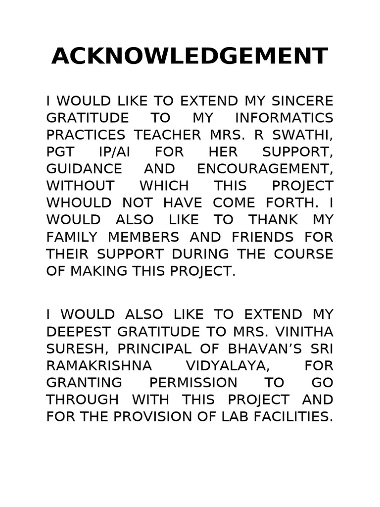 Acknowledgements for Project Support | PDF