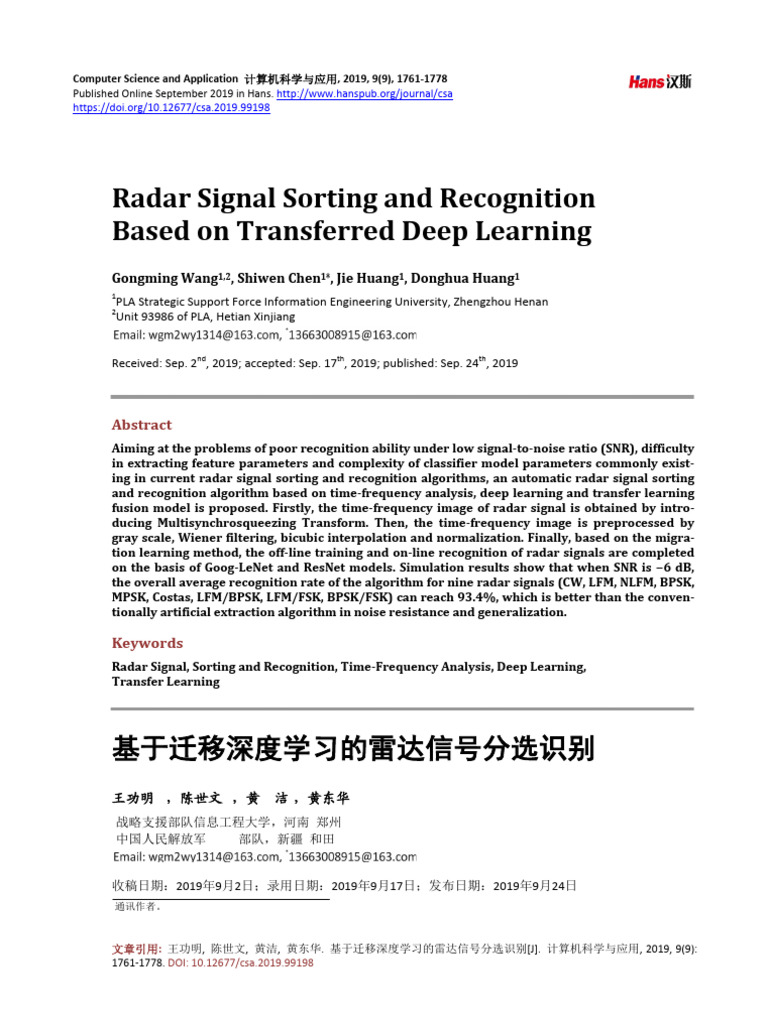 Radar Signal Sorting and Recognition Based On Tran | PDF