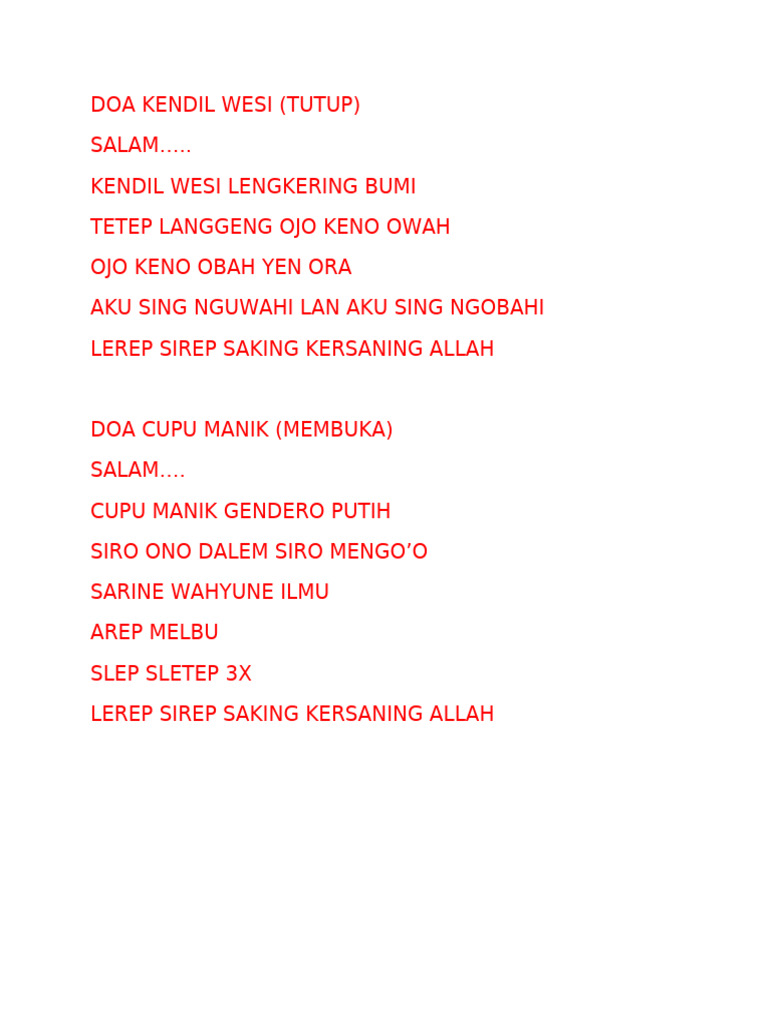 Doa Kendil Wesi dan Cupu Manik | PDF
