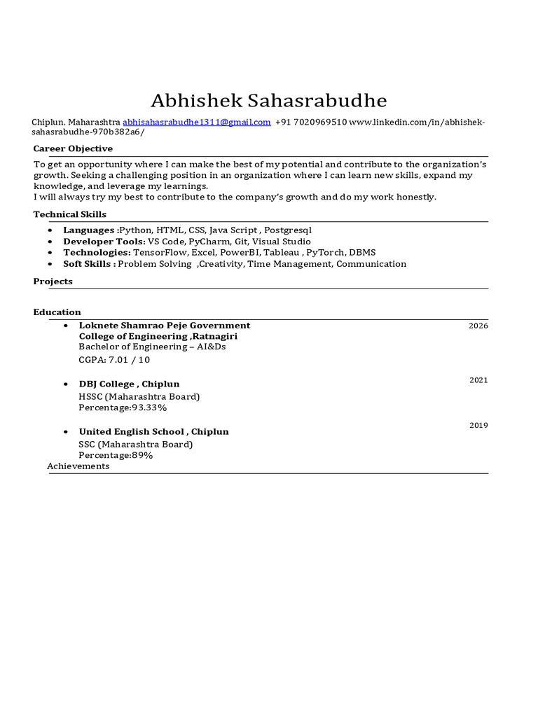 Abhishek Sahasrabudhe's Resume Overview | PDF