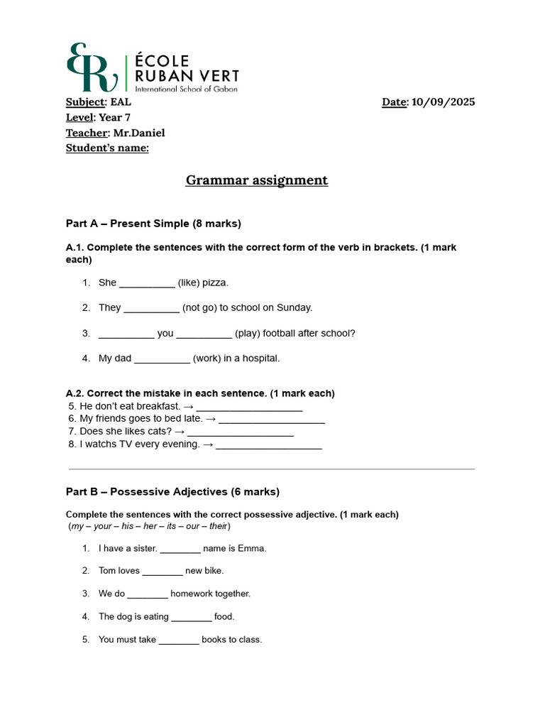 Year 7 Grammar Assignment Guide | PDF