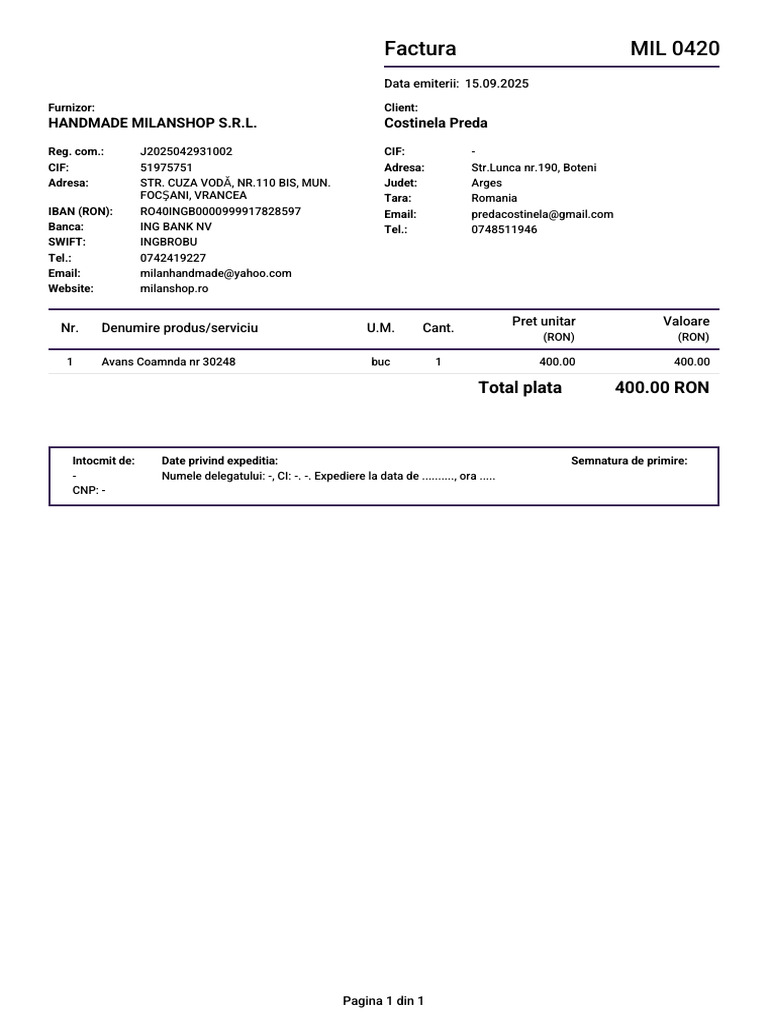 Handmade Milanshop Invoice Details | PDF