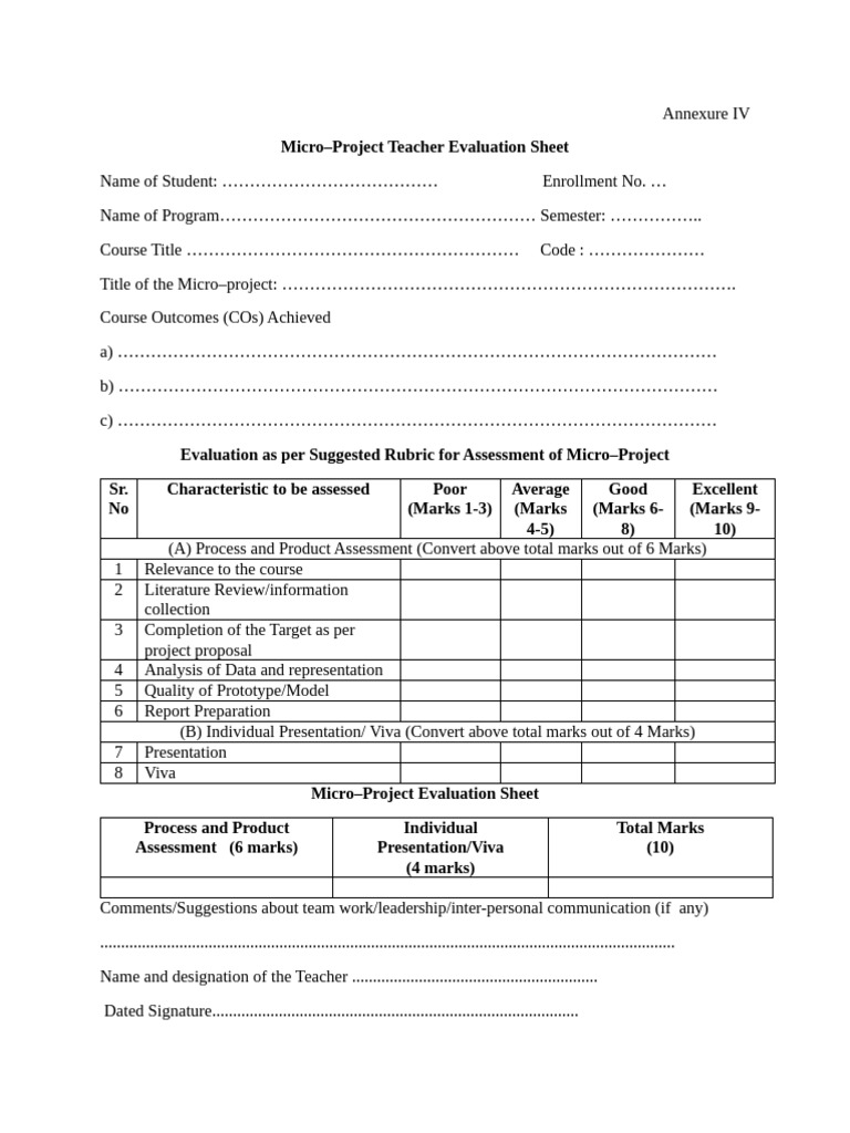 Micro-Project Teacher Evaluation Sheet | PDF