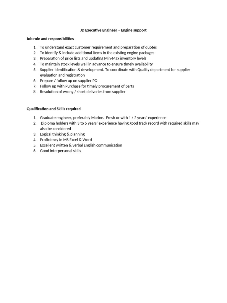 Executive Engineer - Engine Support Role | PDF