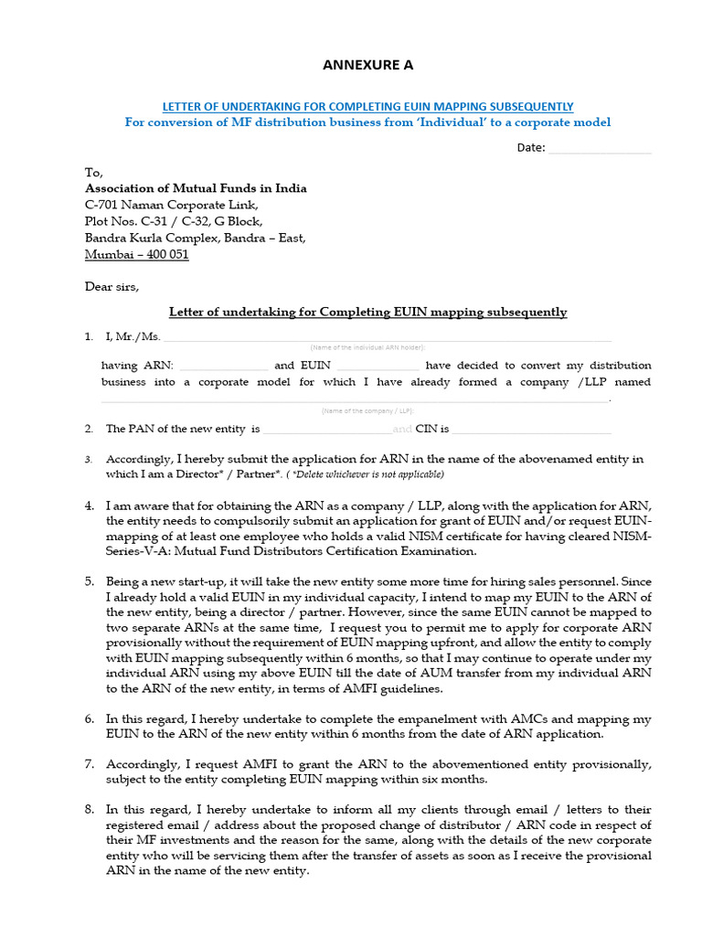 EUIN Mapping Undertaking for Corporate ARN | PDF