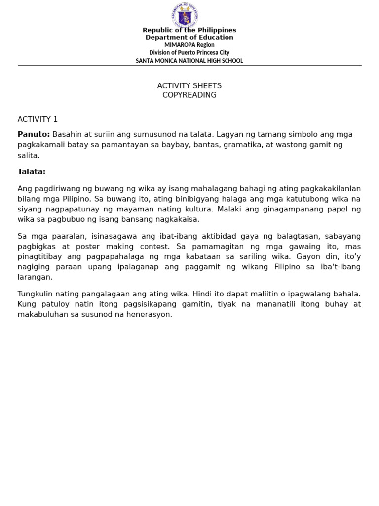 Activity Sheets Copy Reading Copy For Stem | PDF