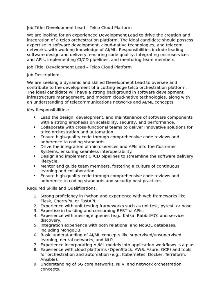 JD Development Lead | PDF | Cloud Computing | Software Development