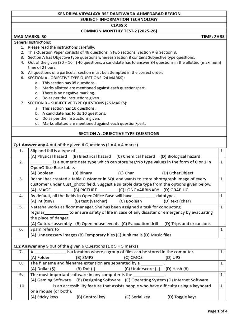 Class X IT Monthly Test Paper 2025-26 | PDF | Sustainability | Databases