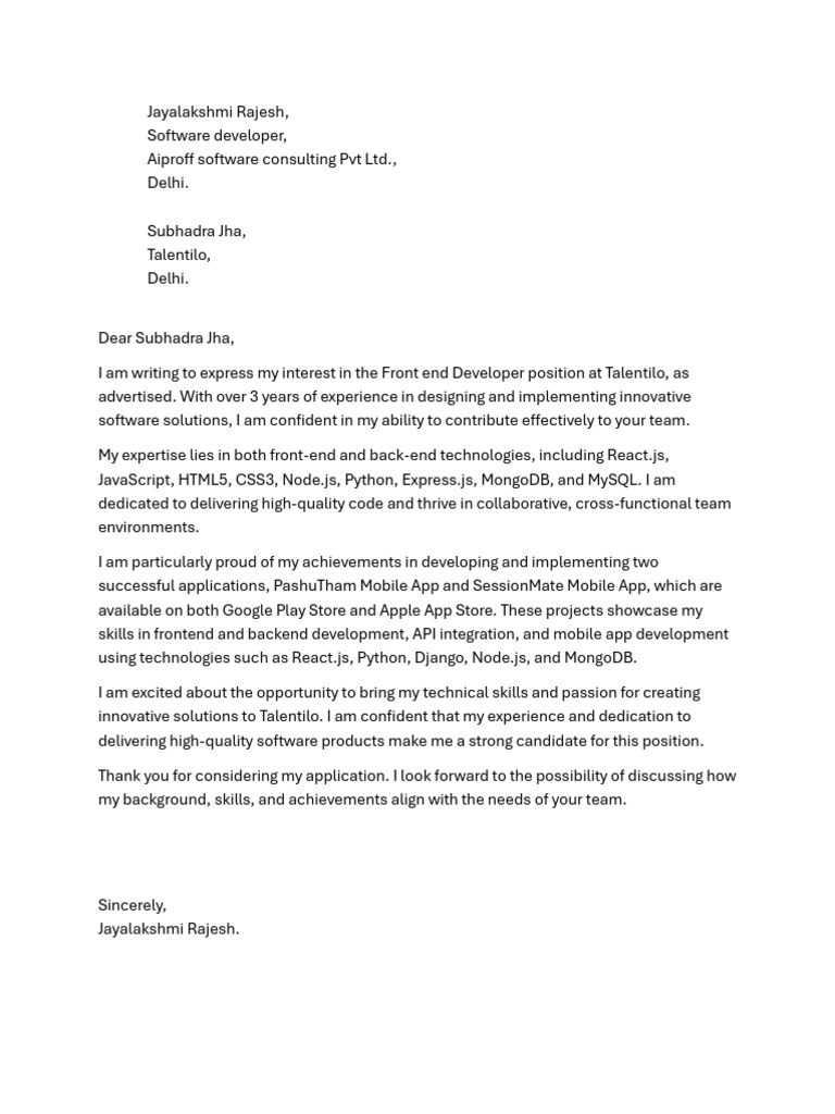 Cover Letter - React - Front End Developer | PDF