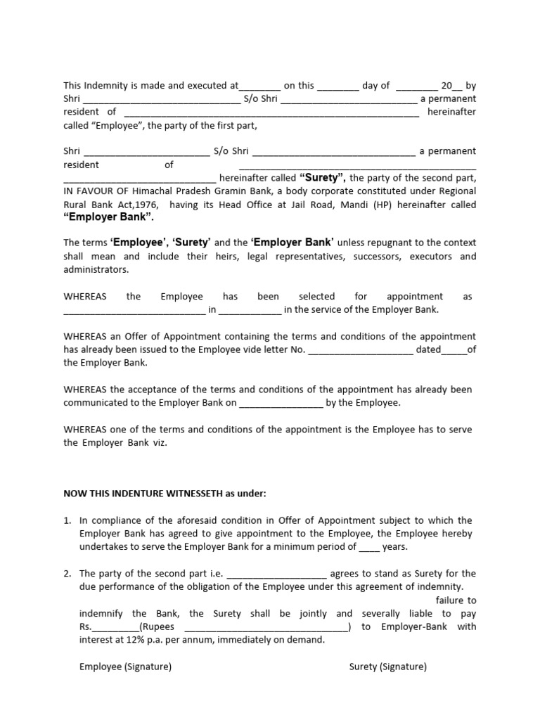 Indemnity Bond Template for Employees | PDF | Indemnity | Surety