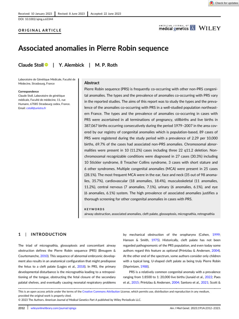 American J of Med Genetics Pt a - 2023 - Stoll - Associated Anomalies ...