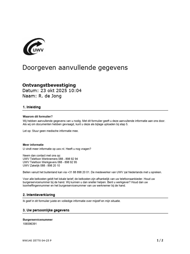 Doorgeven Aanvullende Gegevens: Ontvangstbevestiging | PDF