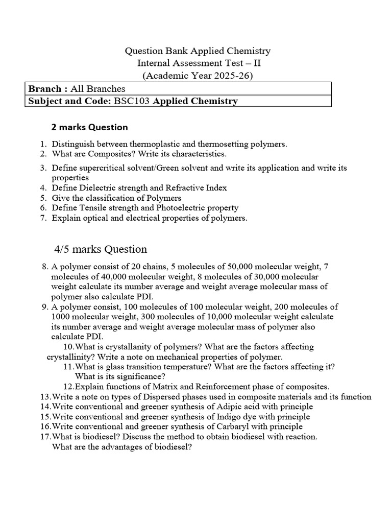 Applied Chemistry Question Bank 2025-26 | PDF