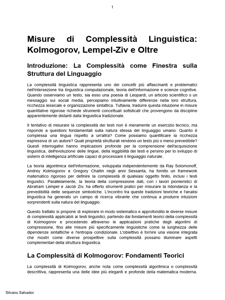 Misure Di Complessità Linguistica: Kolmogorov, Lempel-Ziv e Oltre | PDF