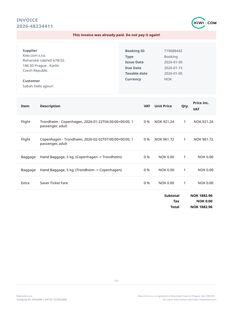 Paid Invoice for Flight Booking 719688442 | PDF | Invoice | Value Added Tax