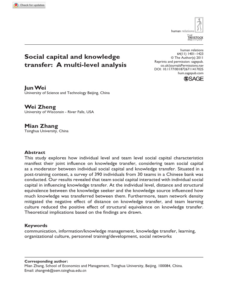 Social Capital's Role in Knowledge Transfer | PDF | Knowledge | Social ...