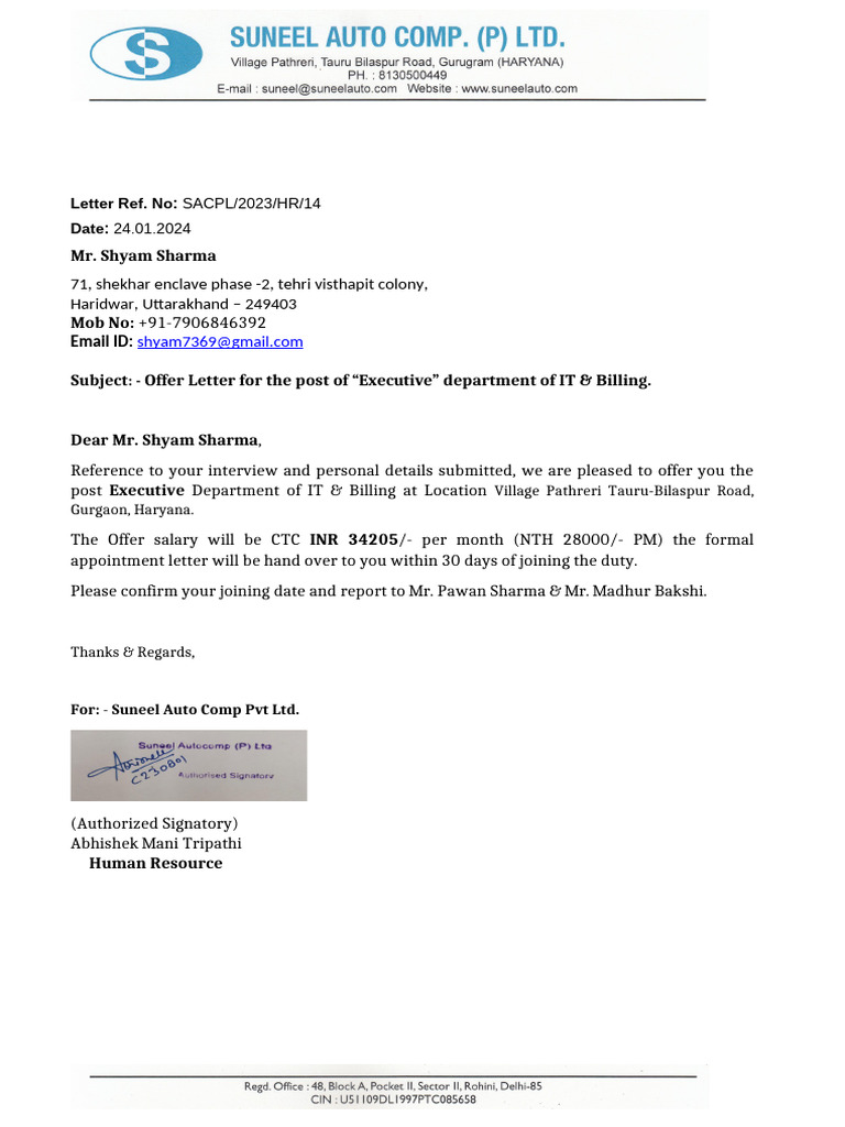 Offer Letter for IT & Billing Executive | PDF