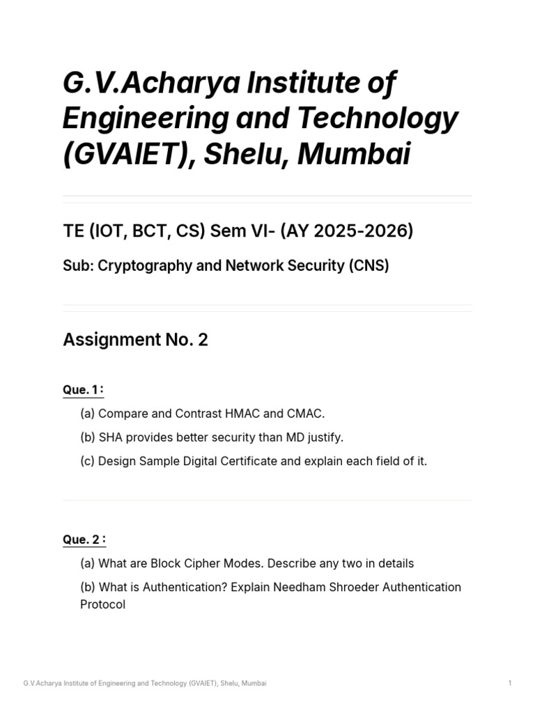 Cryptography and Network Security Assignment | PDF