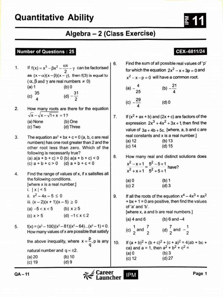 Quantitative Ability Practice Questions | PDF | Equations | Zero Of A ...