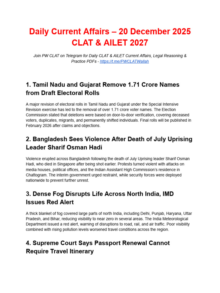 Daily Current Affairs - December 20, 2025 | PDF | Cost Of Living ...