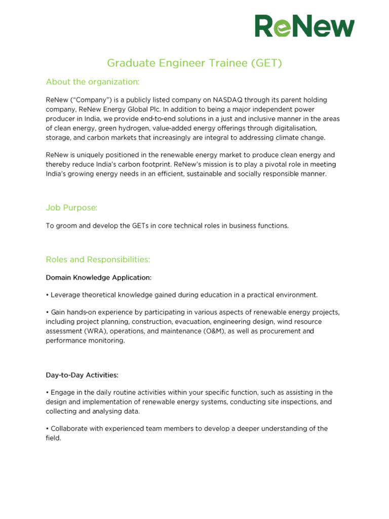 Graduate Engineer Trainee Program at ReNew | PDF