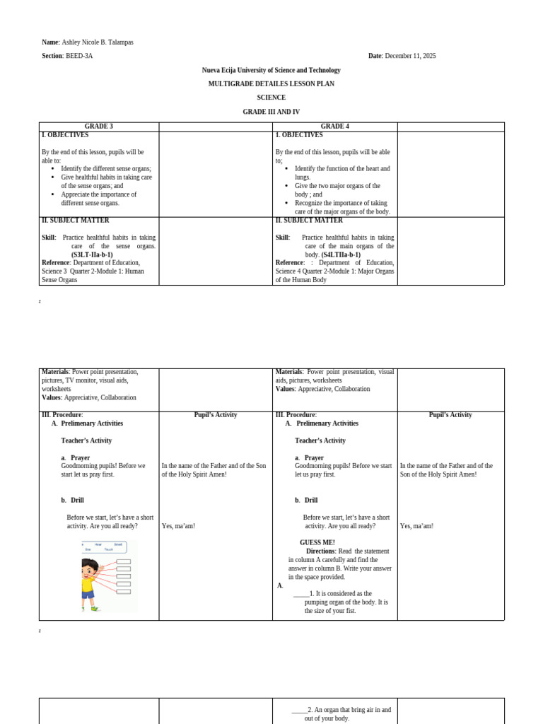 Multigrade Science Lesson Plan: Organs | PDF | Senses | Taste