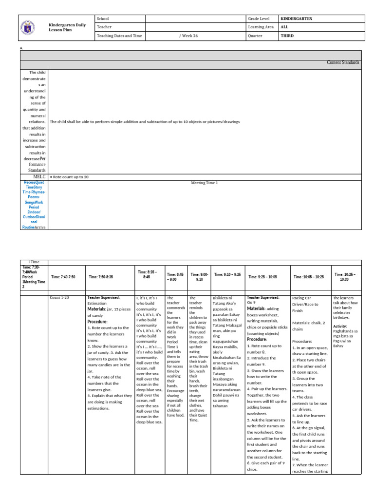Kindergarten Daily Lesson Plan | PDF | Teachers