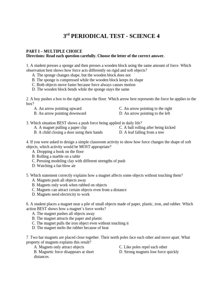 Science 4 Periodical Test Review | PDF | Force | Magnet