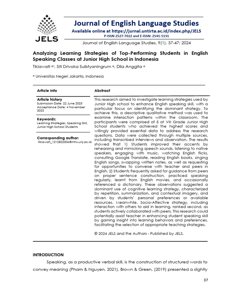Learning Strategies in English Speaking Classes | PDF | English ...