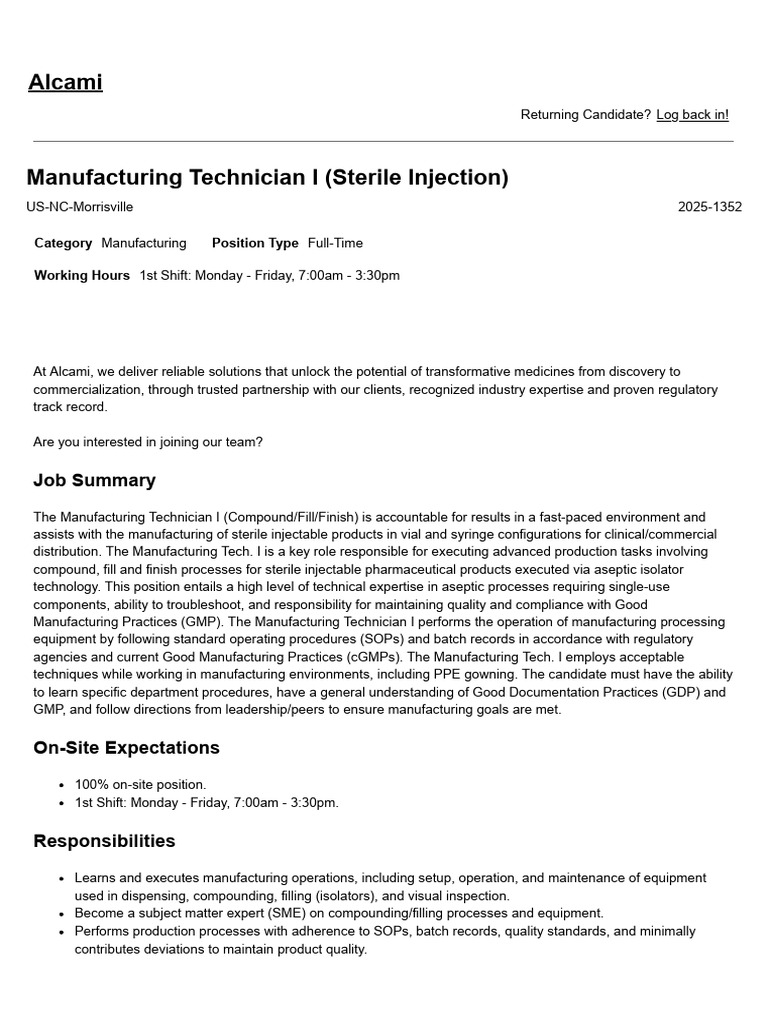 Manufacturing Technician I (Sterile Injection) in Morrisville, North ...
